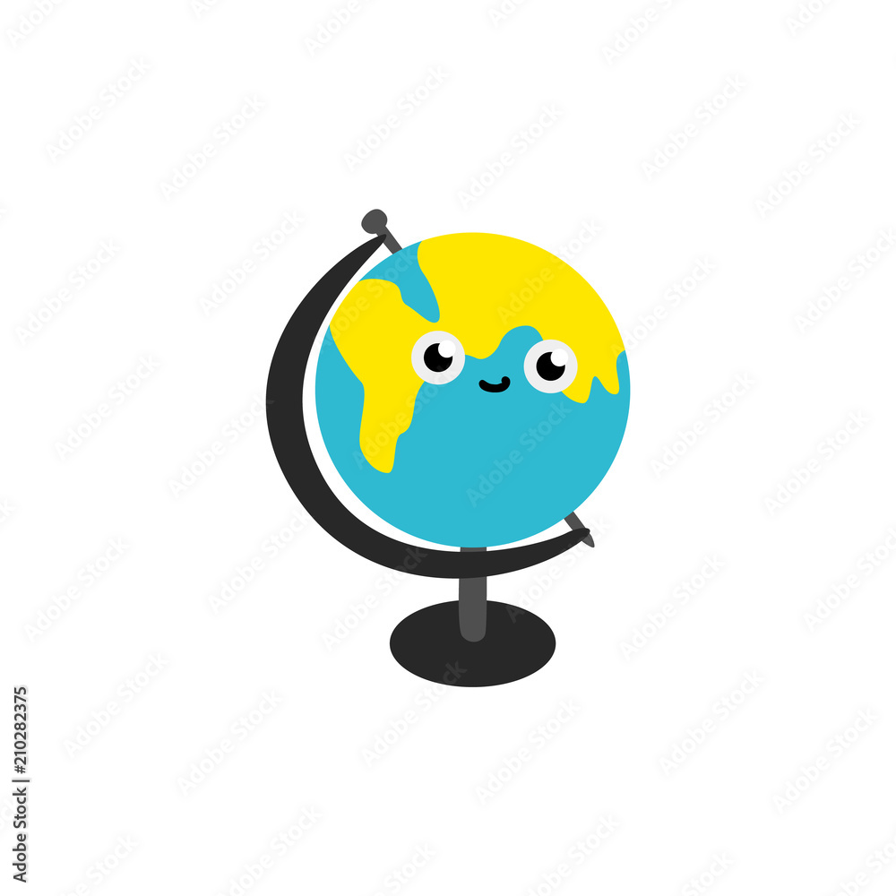 Cute globe sphere cartoon character isolated on white background - funny geographical layout of earth personage with smiling face for back to school concept in flat vector illustration. Cute globe sphere cartoon character isolated on white background - funny geographical layout of earth personage with smiling face for back to school concept in flat vector illustration.