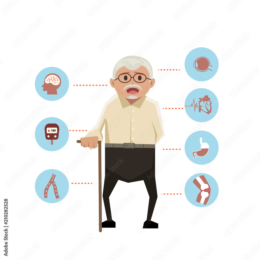 old man with disease icons on white the background.