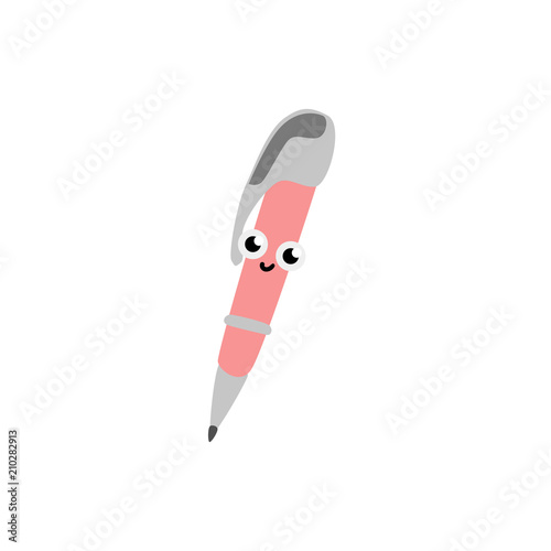 Cute ball pen cartoon character isolated on white background - funny office supply personage of ballpen with smiling face for back to school concept in flat vector illustration.