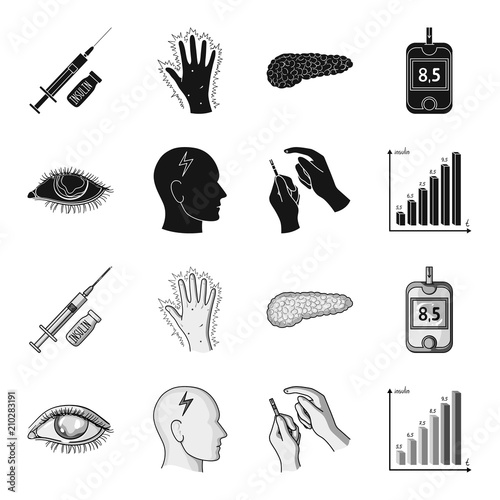 Poor vision, headache, glucose test, insulin dependence. Diabetic set collection icons in black,monochrome style vector symbol stock illustration web.