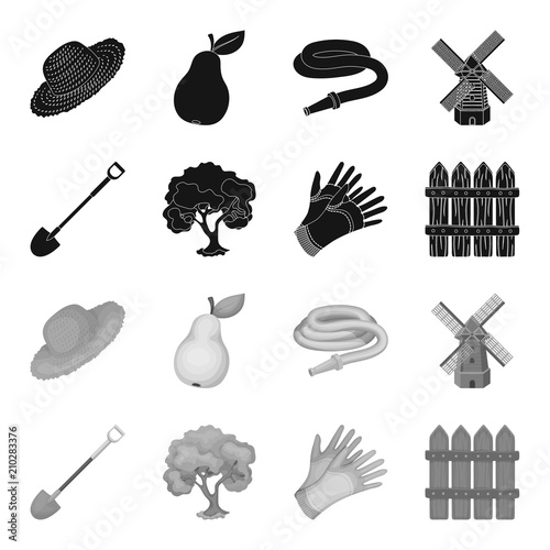 A shovel with a handle, a tree in the garden, gloves for working on a farm, a wooden fence. Farm and gardening set collection icons in black,monochrome style vector symbol stock illustration web.
