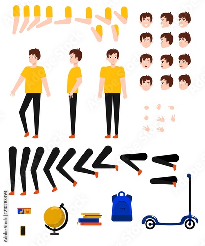 Student boy creation kit with school supplies and various body parts, face emotions and hand gestures - isolated flat vector illustration of teen male caucasian character of school age.