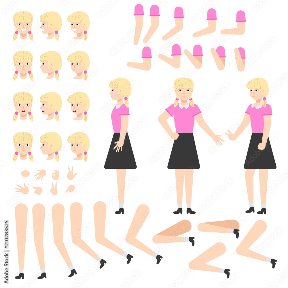 Teen girl creation set - young female student cartoon character with blonde  hair. Various body parts, face emotions and hand gestures kit. Flat  isolated vector illustration. Stock Vector | Adobe Stock