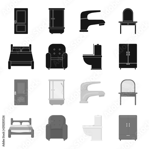 A bed, an armchair, a toilet, a wardrobe.FurnitureFurniture set collection icons in black,monochrome style vector symbol stock illustration web.