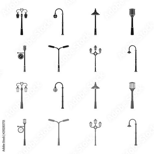 Lamppost in retro style,modern lantern, torch and other types of streetlights. Lamppost set collection icons in black,monochrome style vector symbol stock illustration web.