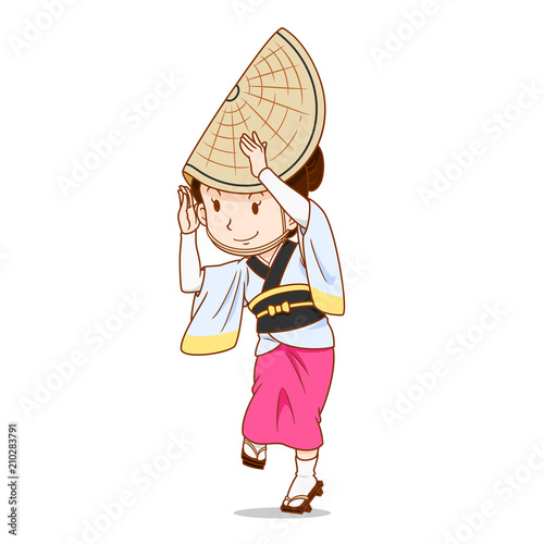 Cartoon character of Awa Odori dancer, Japanese traditional dancer.