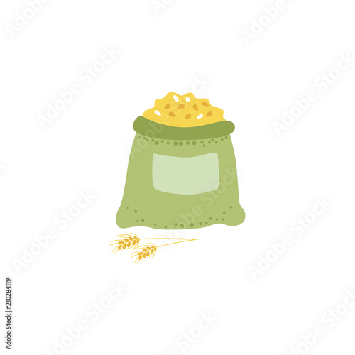 Opened green sack full of grain - symbol of canvas bag filled with bulk materials and wheat ears isolated on white background, farming stuff in vector illustration.