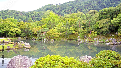 Green plants, trees, mountain, lake with reflection in Japan zen garden