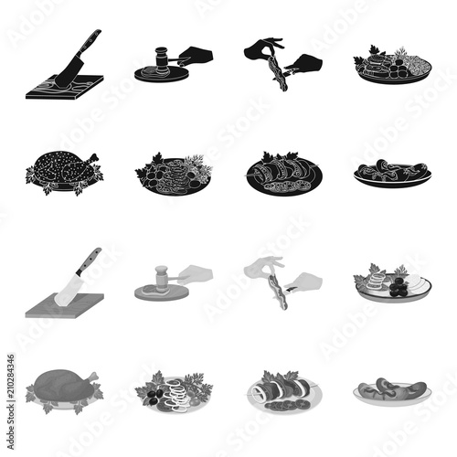 Fried chicken, vegetable salad, shish kebab with vegetables, fried sausages on a plate. Food and Cooking set collection icons in black,monochrome style vector symbol stock illustration web.