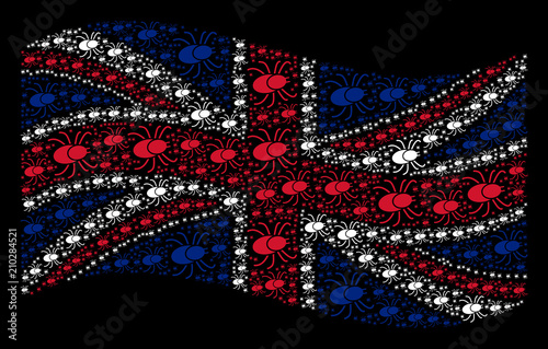 Waving English flag on a black background. Vector mite tick design elements are formed into mosaic Great Britain flag composition. Patriotic composition designed of mite tick design elements.