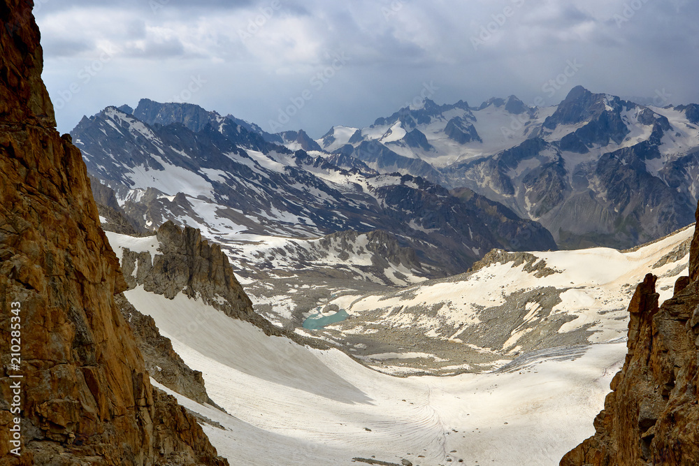 Mountains and glacier. snowy landscape peak and pass. outdoor view, Fann, Pamir Alay, Tajikistan