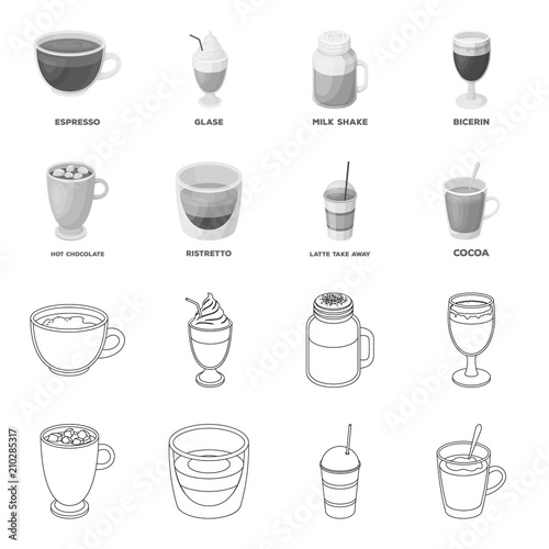 Ristretto, hot chocolate, latte take-away.Different types of coffee set collection icons in outline,monochrome style vector symbol stock illustration web.