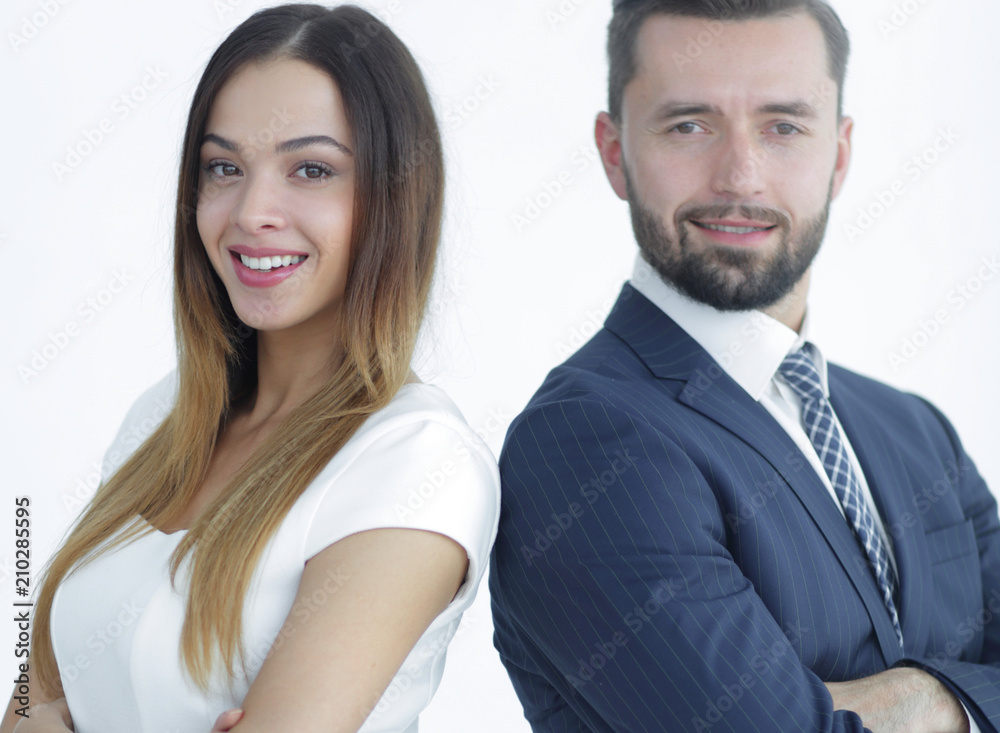 Portrait of business people back to back against white backgroun Portrait of business people back to back against white backgroun