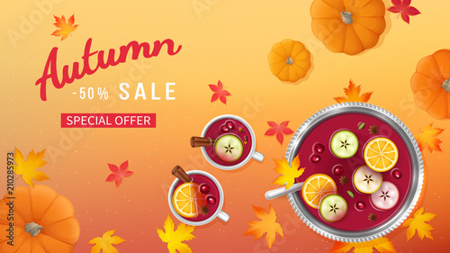 Autumn sale horizontal banner with punch in a bowl and cups, slices of oranges, apples, spices, pumpkins, leaves on a table. Discount, sale in autumn. Special seasonal offer background. Vector