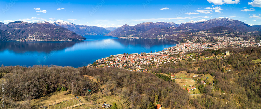 Aerial Panoramic View of lake Maggiore with Swiss mountains, Italy
