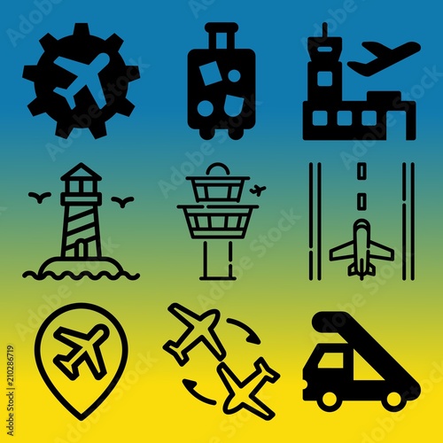 Vector icon set  about airport with 9 icons related to gate, sunrise, sky, industry and turbine