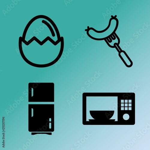 Vector icon set  about kitchen with 4 icons related to dinner, natural, grilled, garlic and frig