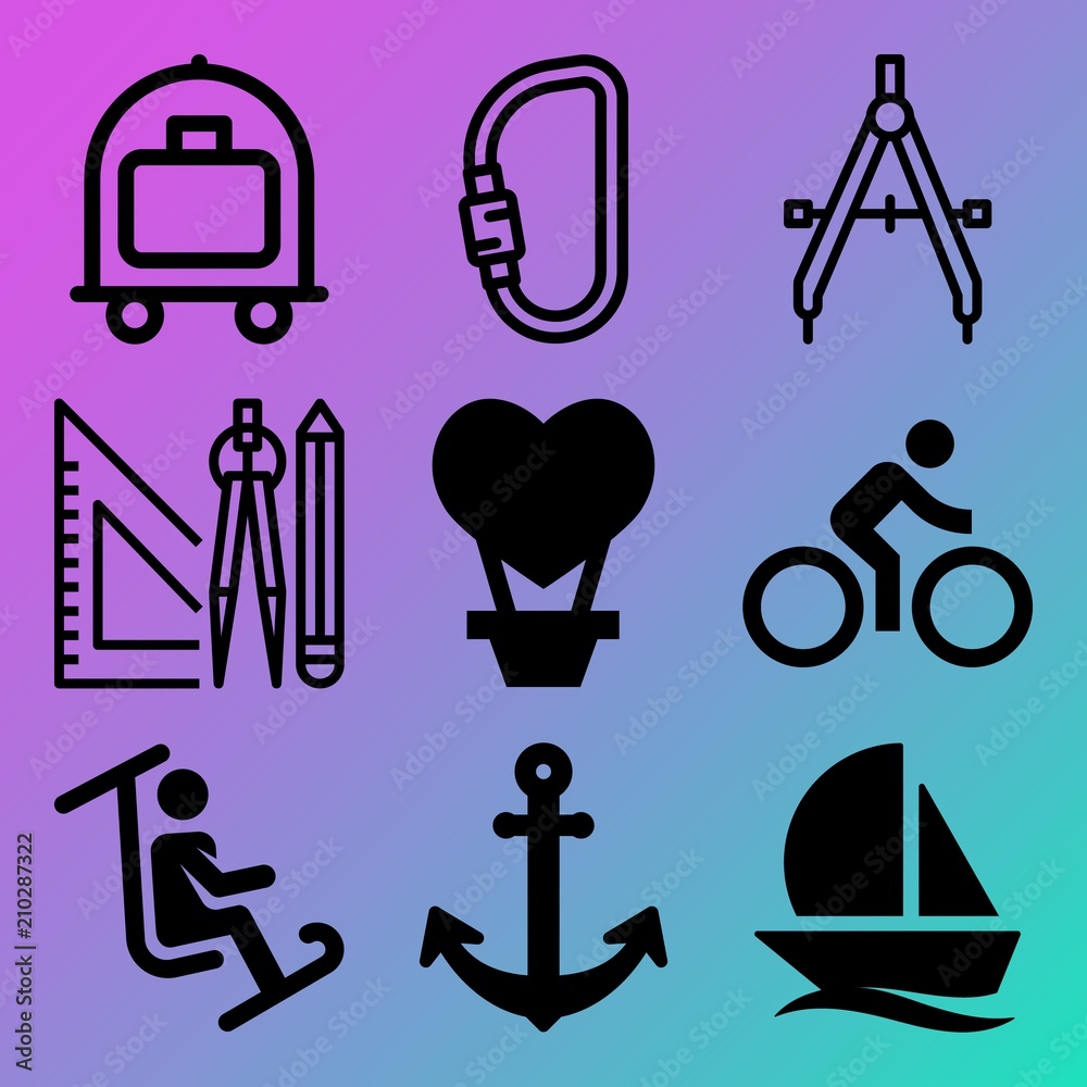 Vector icon set about adventure with 9 icons related to powder, guidance, alpinism, arrow and handbag Vector icon set about adventure with 9 icons related to powder, guidance, alpinism, arrow and handbag
