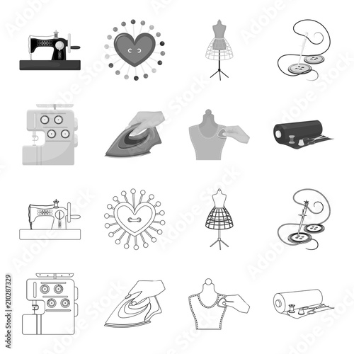 Electric sewing machine, iron for ironing, marking with chalk clothes, roll of fabric and other equipment. Sewing and equipment set collection icons in outline,monochrome style vector symbol stock