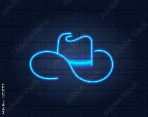 Vector Neon Cowboy Hat on Brick Wall Background, Glowing Sign.