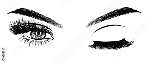 Sexy winking luxurious eye with perfectly shaped eyebrows and full lashes. Idea for business visit card, typography vector. Perfect salon look. photo