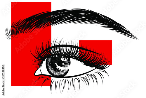 Modern illustration of a creative geometric eye makeup with red square shapes. Hand-draw sktch style drawing of luxe natural eyebrow and long eyelashes. Idea for business visit card, typography vector