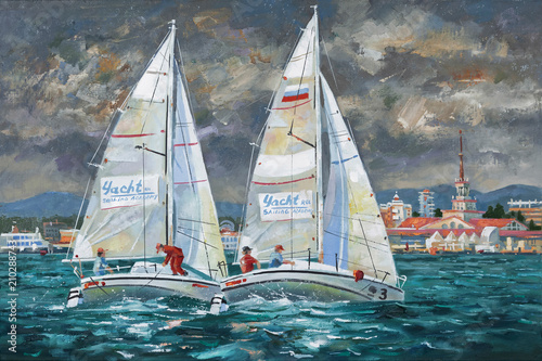 Oil painting on canvas. Elan-210 racing yachts in the Black Sea. Author: Nikolay Sivenkov.
