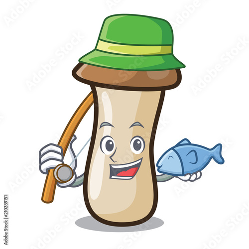 Fishing pleurotus erynggi mushroom mascot cartoon