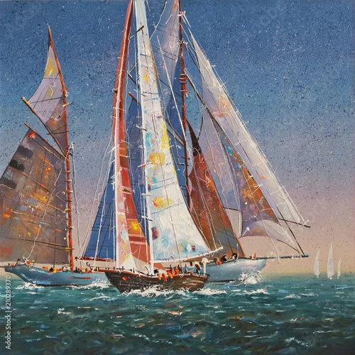 Fototapeta samoprzylepna Obraz olejny na płótnie. Podniesione żagle. Autor: Nikolay Sivenkov.