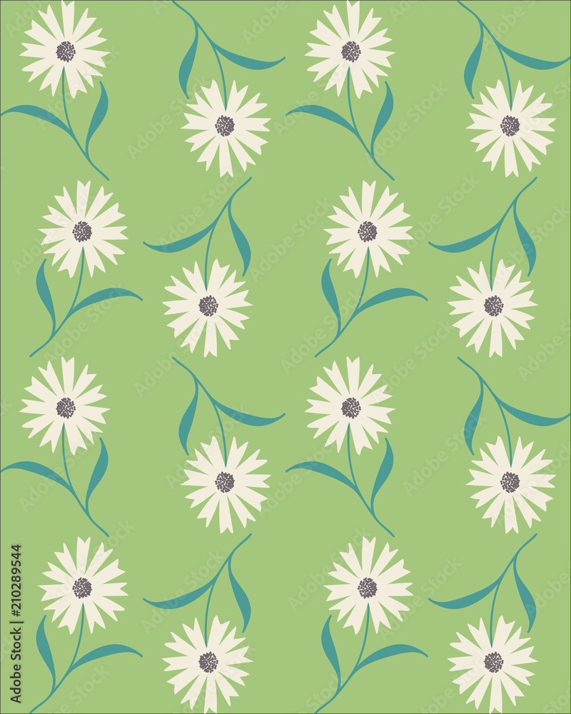 Vector seamless abstract pattern with white cornflowers on green background.