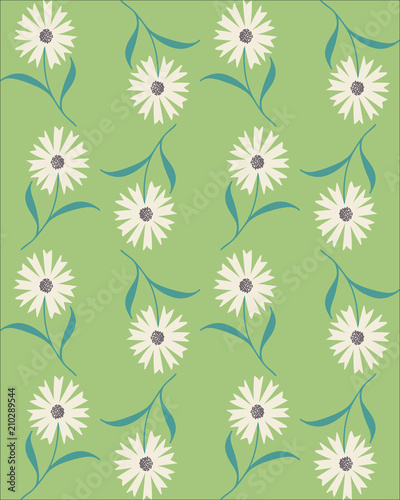 Vector seamless abstract pattern with white cornflowers on green background.