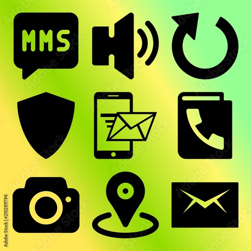 Vector icon set  about mobile device with 9 icons related to group, rotate, place, cyberspace and sonic