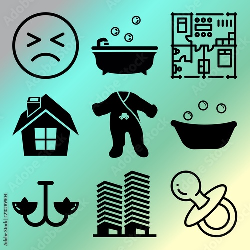 Vector icon set  about home with 9 icons related to crab, kids, environment, pool and grid