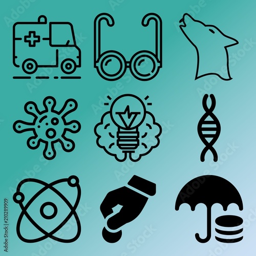 Vector icon set  about medicine with 9 icons related to medical, love, atom, abstract and web