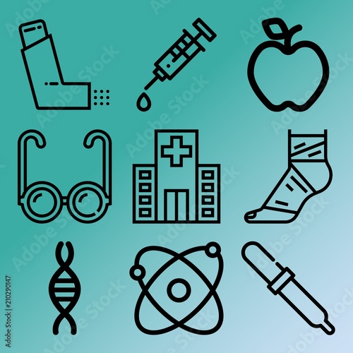 Vector icon set  about medicine with 9 icons related to pharmacy, treatment, test, eyecare and trauma