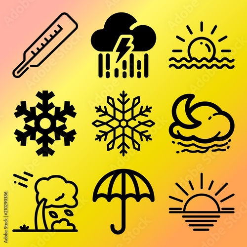 Vector icon set  about weather with 9 icons related to beam, environment, orange, climate and gale