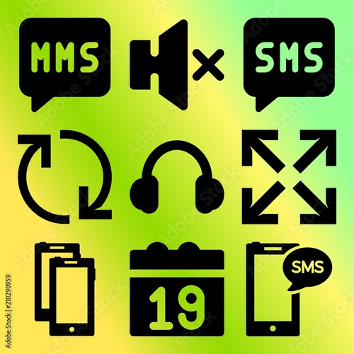 Vector icon set  about mobile device with 9 icons related to earflaps, woman, expand, 2 smartphones and talk