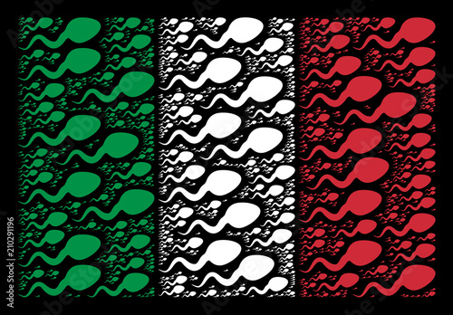 Italian official flag flat collage formed with spermatozoon icons on a black background. Vector spermatozoon objects are arranged into conceptual Italy flag abstraction. photo