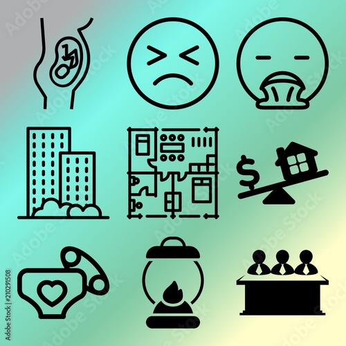 Vector icon set  about home with 9 icons related to virus, medical, temperature, happy and flat