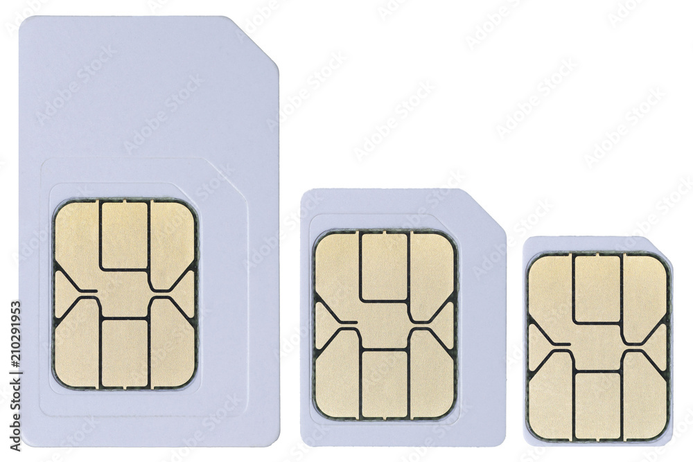 White Mini SIM Card. White Micro SIM Card. White Nano SIM Card. Isolated.  Close up. Macro photo. White background Stock 写真 | Adobe Stock