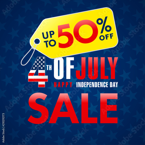 4th Of July USA, Independence Day Sale promotion banner. Fourth of july sale flyer, Discount special offer up to 50% off on yellow label. Online store, Sale vector navy blue background