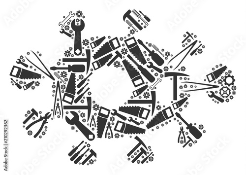Bacteria composition of service instruments. Vector bacteria icon is made from gear wheels, screwdrivers and other machinery objects. Concept of mechanic service.