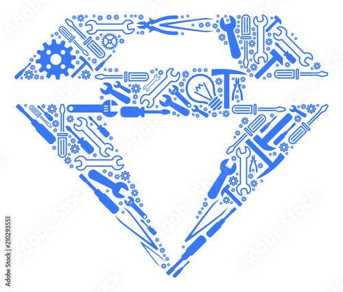 Diamond collage of service instruments. Vector diamond icon is organized of gears, screwdrivers and other technical items. Concept of technical job.