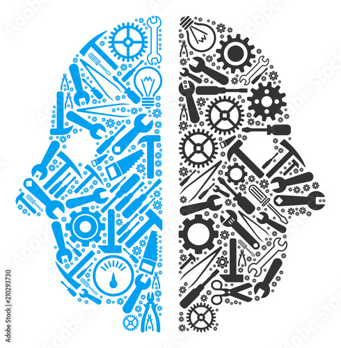 Dual face mosaic of service instruments. Vector dual face icon is created of cogs, spanners and other equipment objects. Concept of technical workshop.