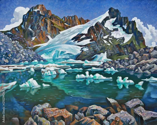 Fototapeta samoprzylepna Rezerwat Teberda, górskie jezioro. Obraz olejny na płótnie. Autor: Nikolay Sivenkov.