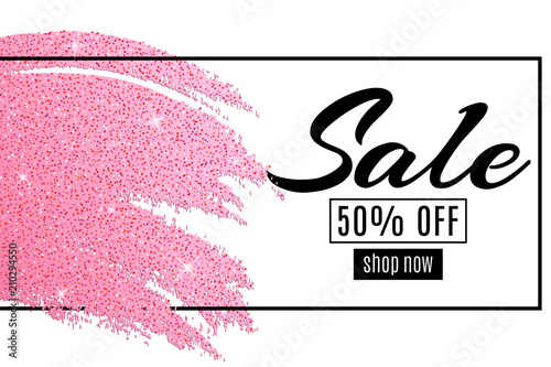 Luxury fashionable banner for sale. Black text in frame. Grunge line hand drawn. Pink glitters. Lipstick with sequins. Luxury web cover for your design. Vector illustration