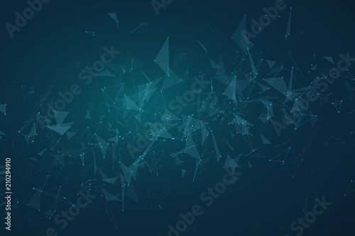 Abstract futuristic geometric background from flying blue triangles. Glowing connected triangles. Plexus. Scientific background for your design. Vector illustration