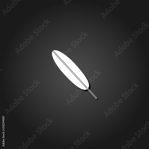 Feather icon flat. Simple White pictogram on black background with shadow. Vector illustration symbol