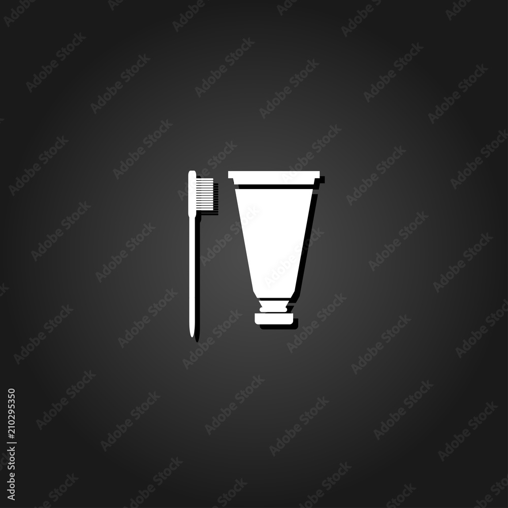 Toothbrush and Toothpaste icon flat. Simple White pictogram on black background with shadow. Vector illustration symbol