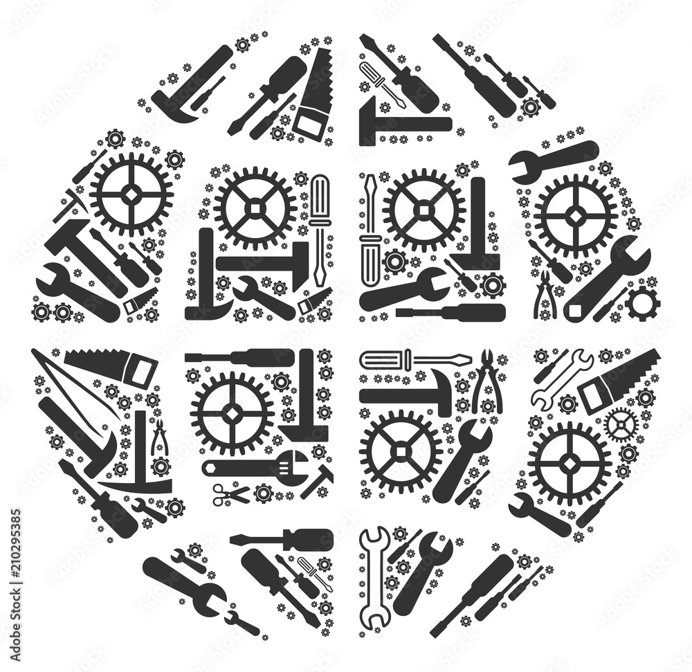 Globe mosaic of tools. Vector globe icon is composed of cogs, screwdrivers and other